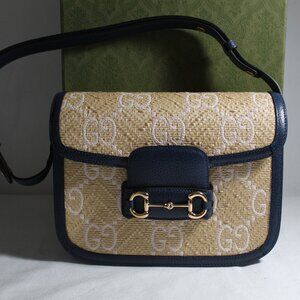 NEW Gucci GG Jumbo Horsebit 1955 Flap Shoulder Bag Raffia Navy Leather 602204